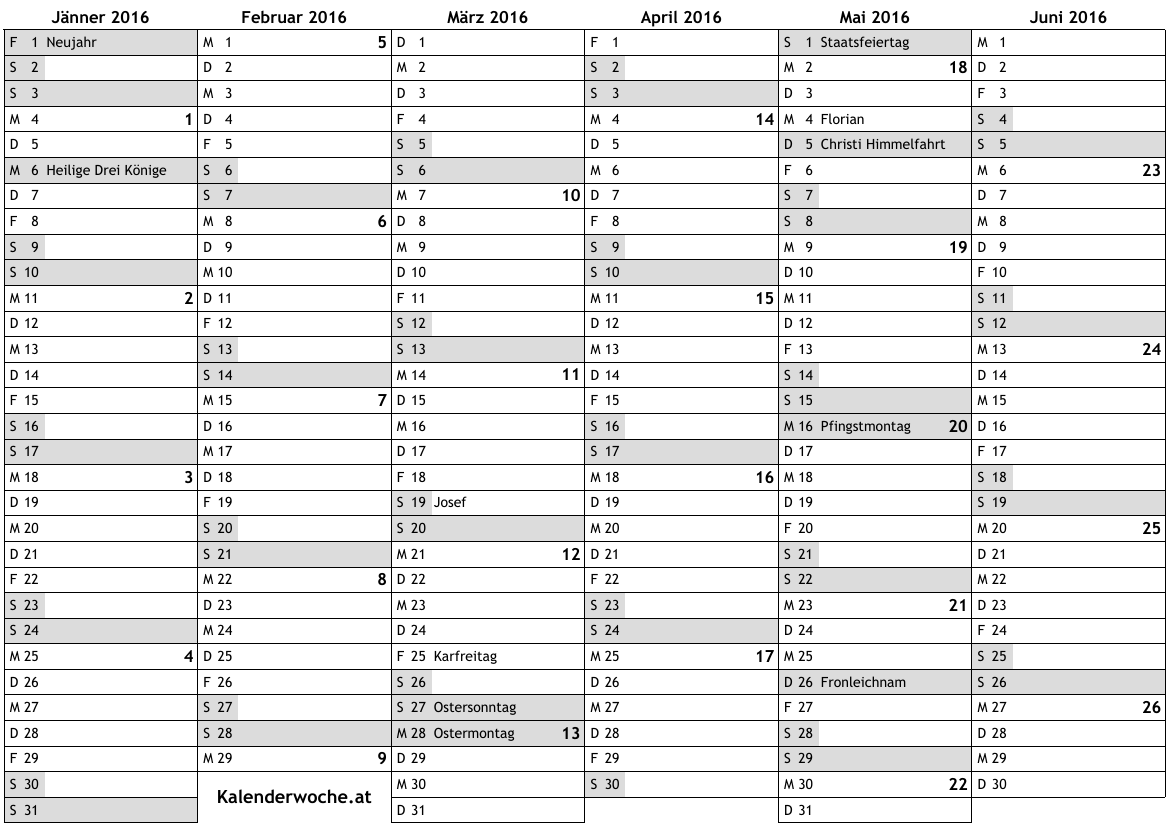 Kalender 2016 zum Ausdrucken Kalender 2016 zum Ausdrucken