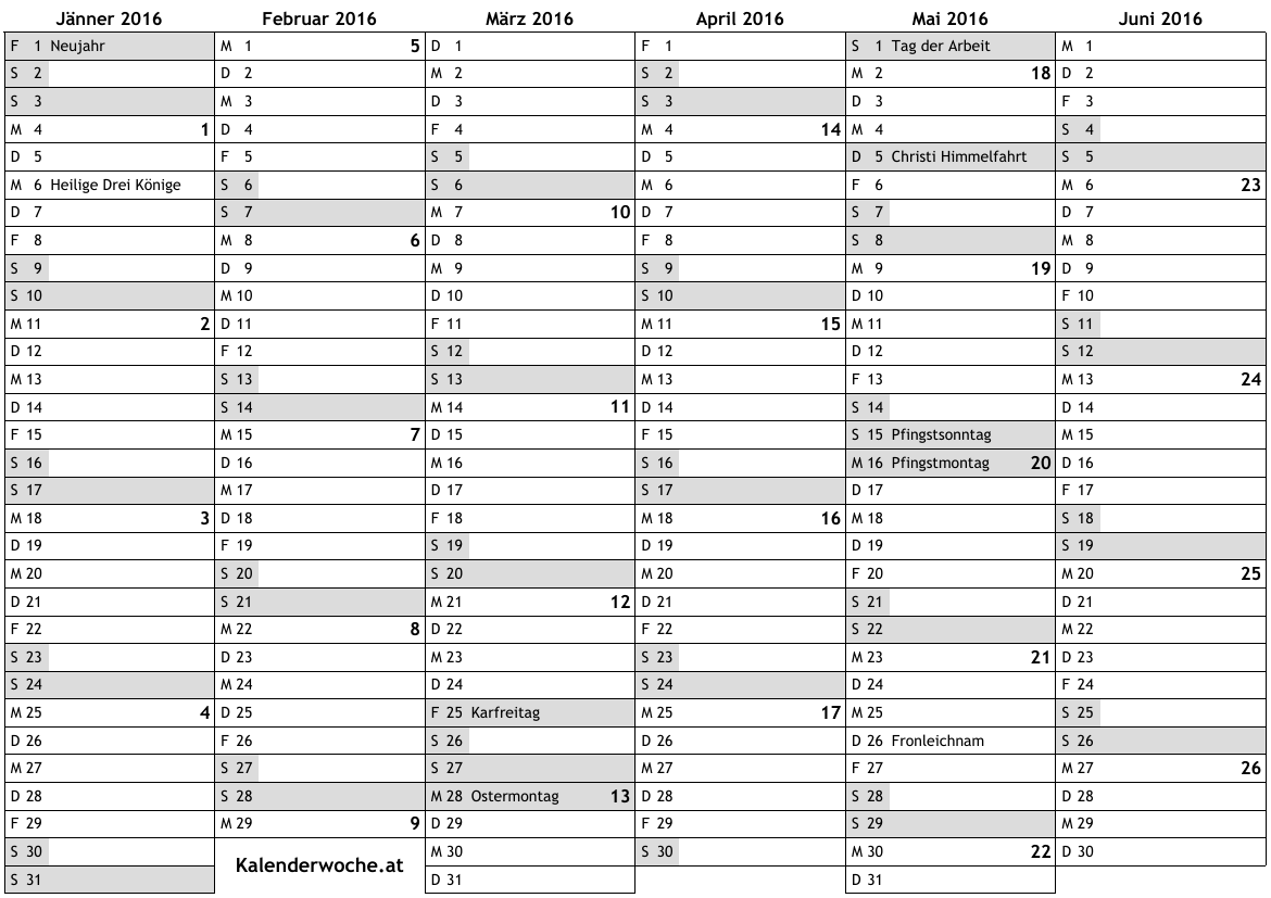 Kalender 2016 mit Kalenderwochen und Feiertagen in Deutschland … online 