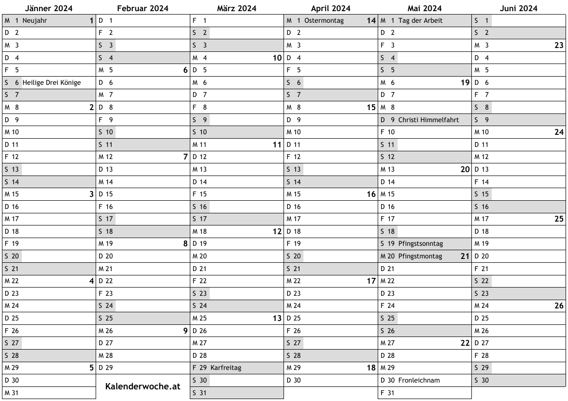 Kalender 2024 mit Kalenderwochen und Feiertagen in Deutschland … online