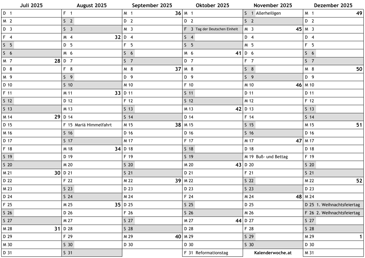 Kalender 2025 2. Hälfte