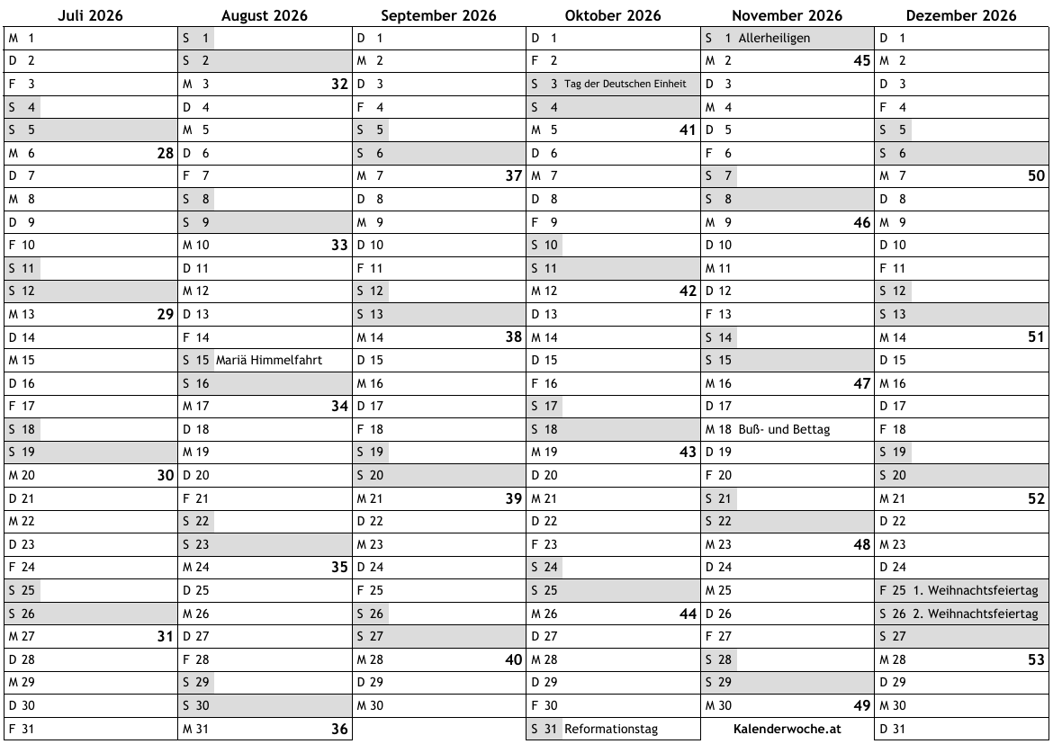  Kalender 2026 2. Hälfte Bildidee 