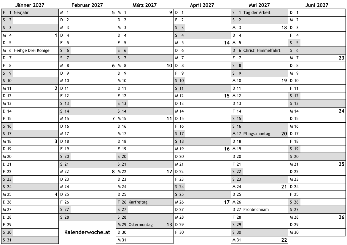 Kalender 2027 mit Kalenderwochen und Feiertagen in Deutschland &hellip; online