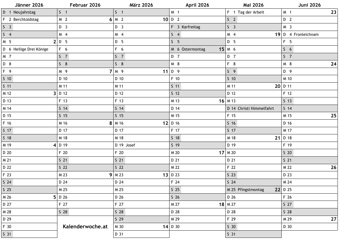  Kalender 2026 mit Kalenderwochen und Feiertagen in Schweiz … online Motiv 