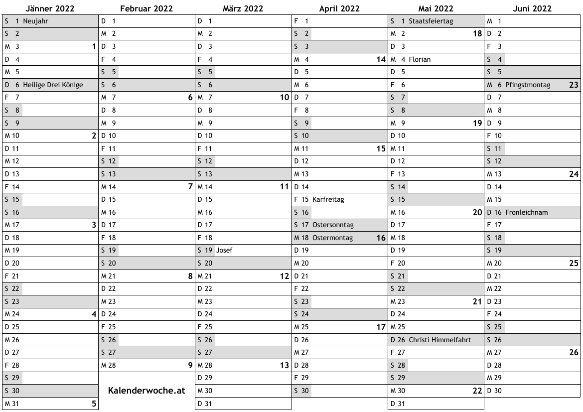  Kalender  2022  mit Kalenderwochen und Feiertagen in 