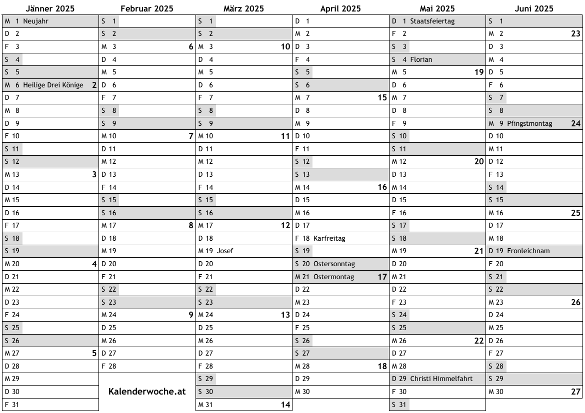 Kalender 2025 mit Kalenderwochen und Feiertagen in Österreich … online